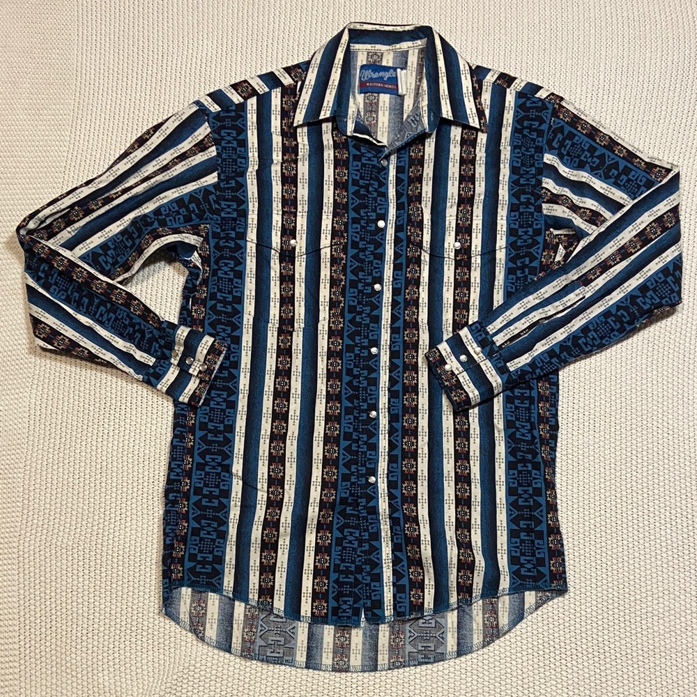 Vintage Wrangler Men's Striped Blue, White, and Brown Shirt